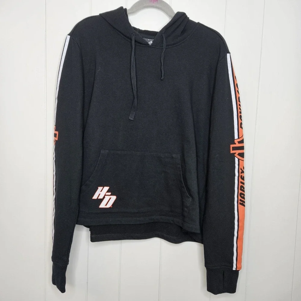 Harley‎ Davidson 2XL Genuine Motor Clothes Black Orange Logo Sleeves Hoodie